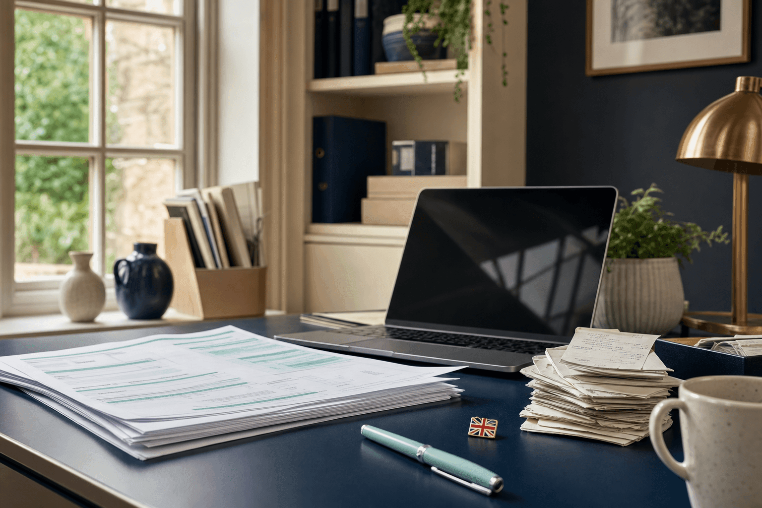 Tidy desk with notebook and coffee, planning a UK crypto tax return, soft daylight, no people, no readable text