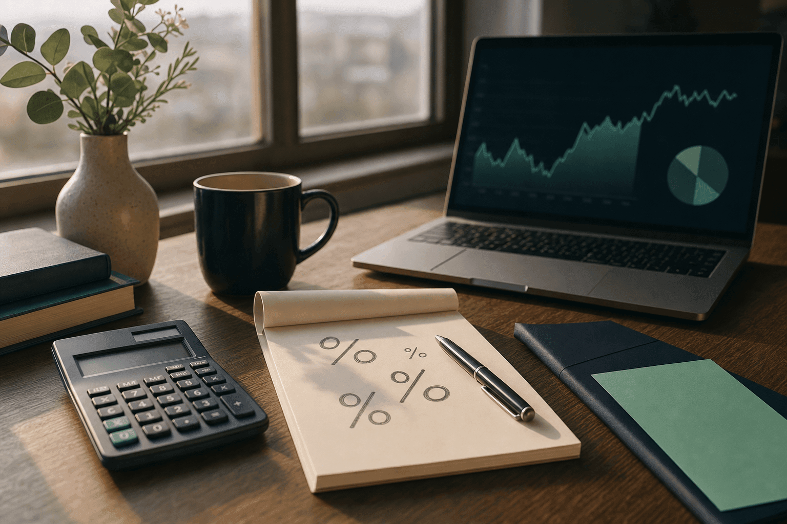 British calculator and tax forms on an oak desk with a laptop showing a portfolio chart, soft morning light, no people, no readable text