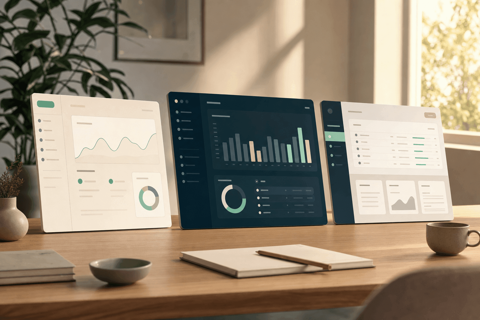 Three laptops in a row showing crypto portfolio dashboards on a slate desk, soft daylight, no people, no readable text