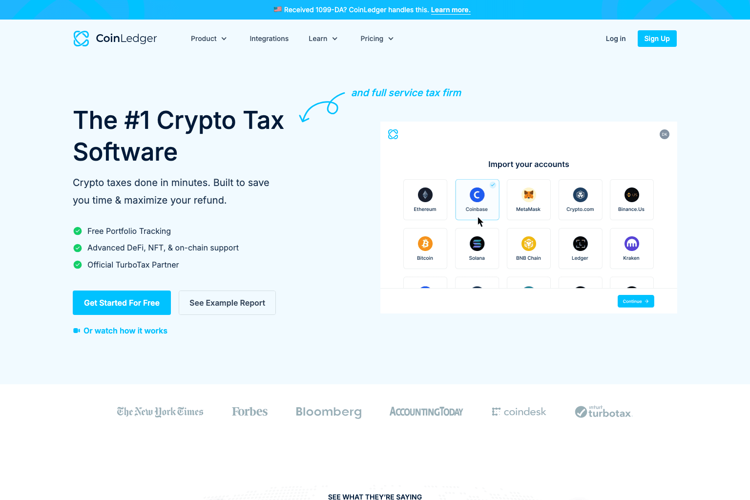 CoinLedger's homepage with the 'The #1 Crypto Tax Software' headline and a preview of the account import screen