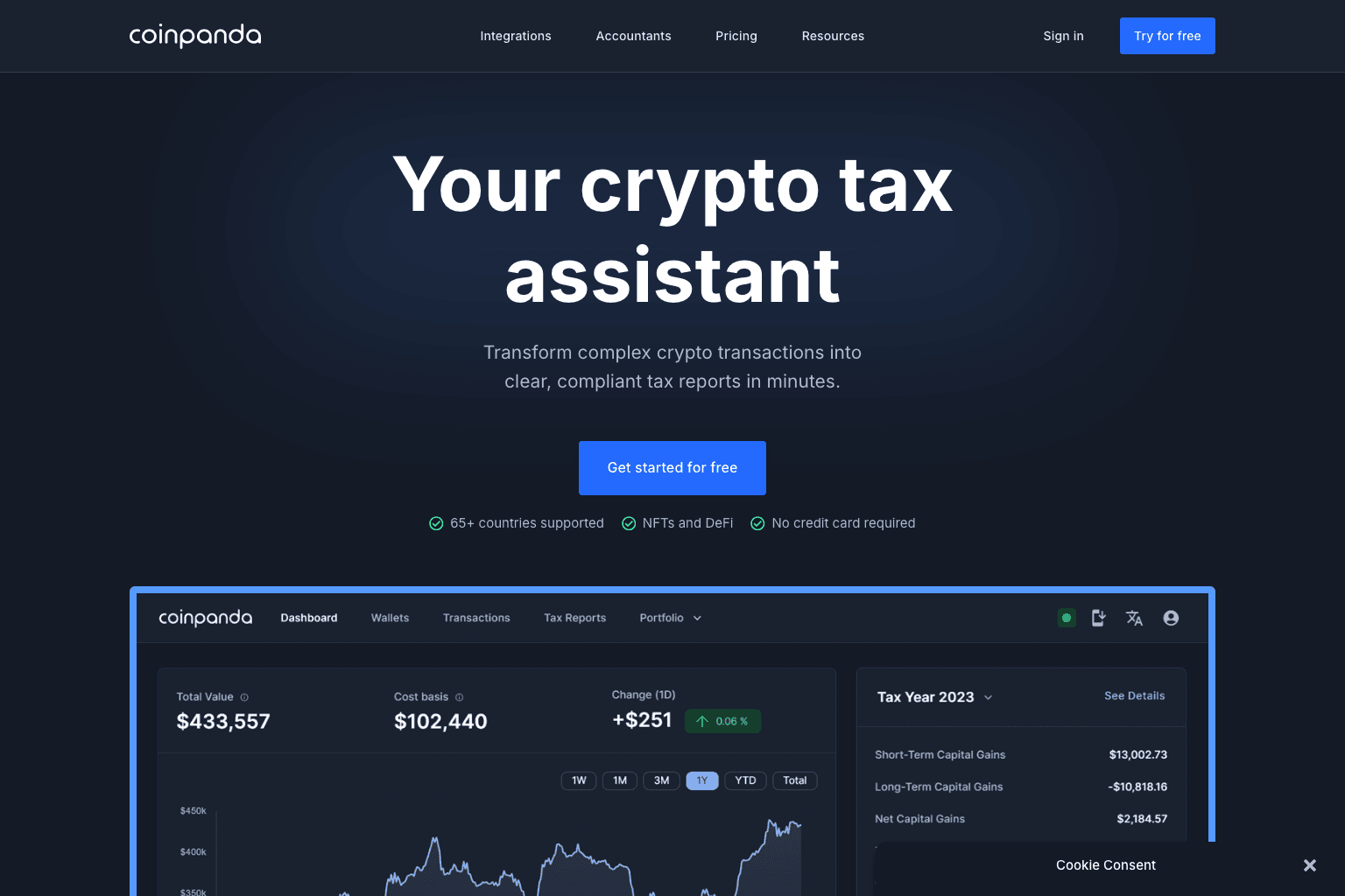 Coinpanda's homepage with the 'Your crypto tax assistant' headline and a preview of the portfolio dashboard