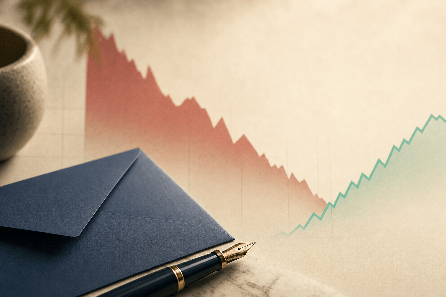 Abstract isometric ledger with descending mint-coloured bars on a deep marine background symbolising loss claims, no people, no text