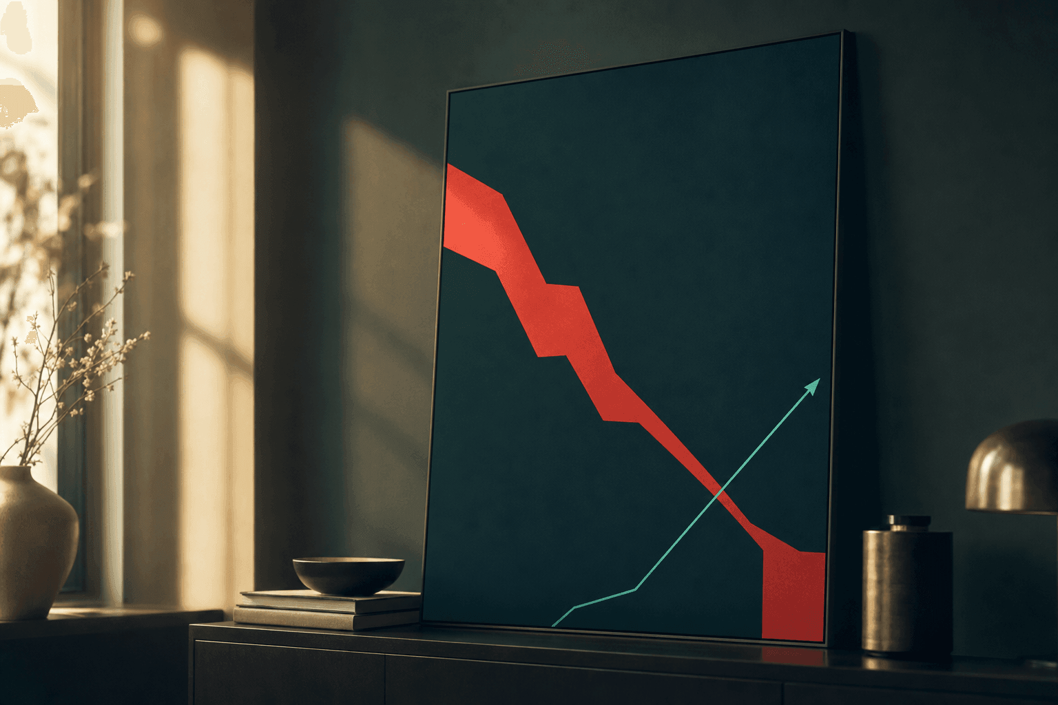 Notebook with red pen marking down losses on a crypto portfolio, soft daylight, no people, no readable text