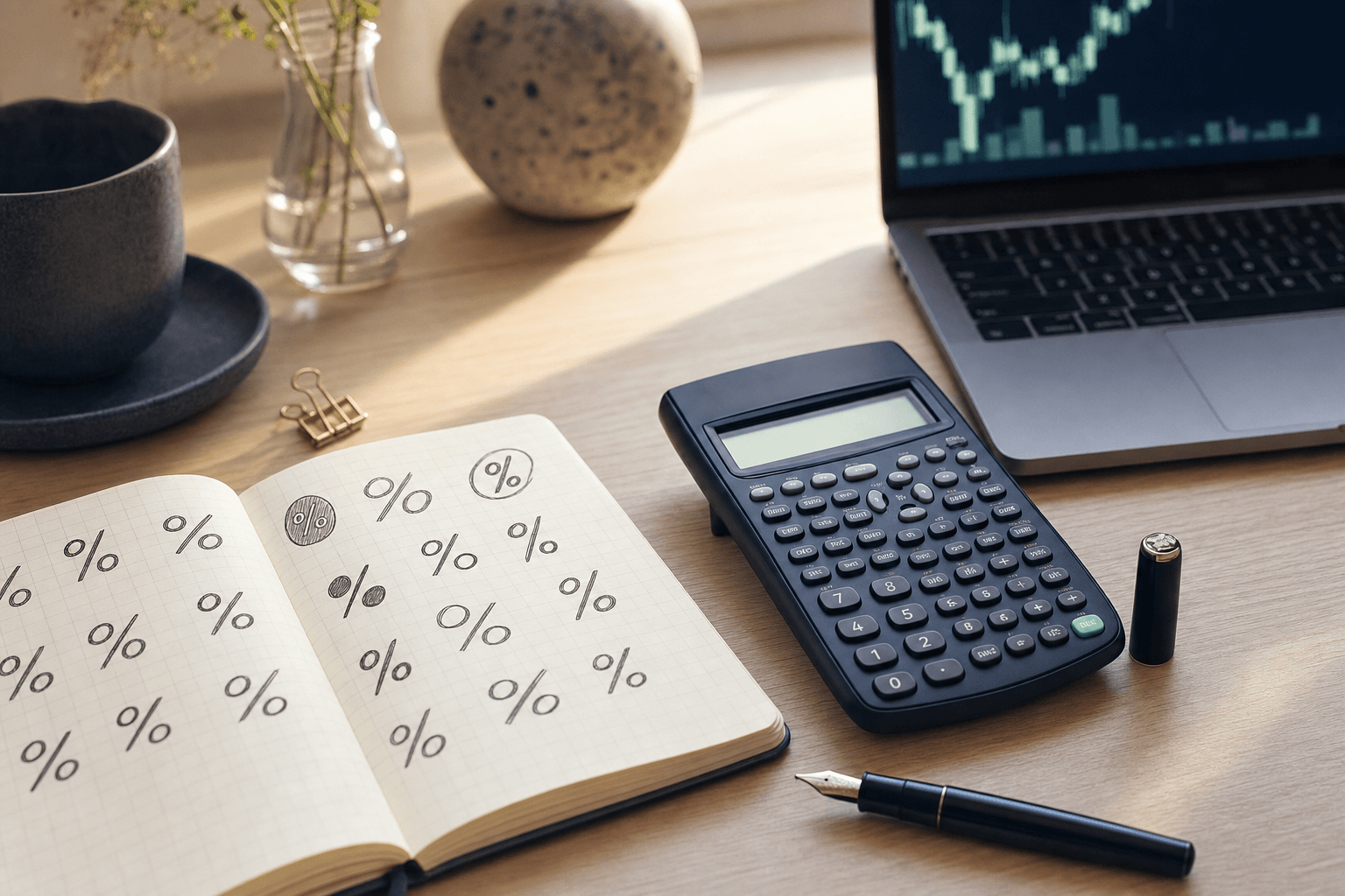 British calculator and notebook on an oak desk with abstract crypto chart silhouettes, soft morning light, no people, no readable text