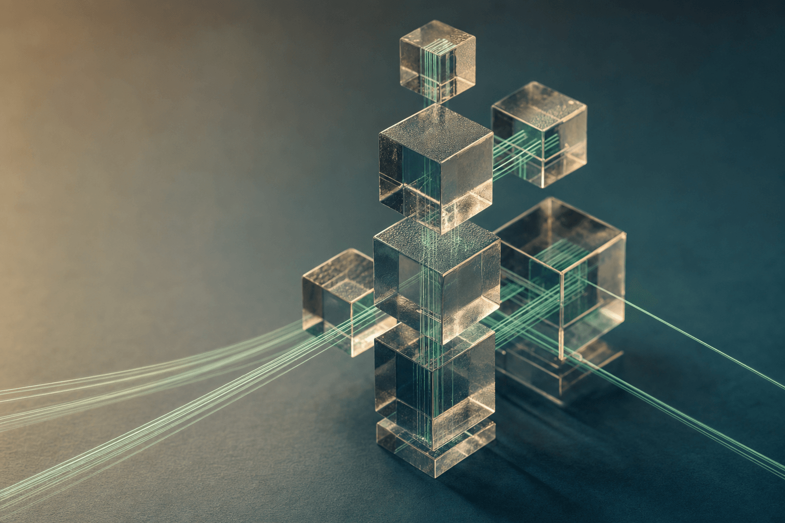 Abstract isometric DeFi-style glowing nodes connected by mint-coloured threads on a deep marine background, no people, no text