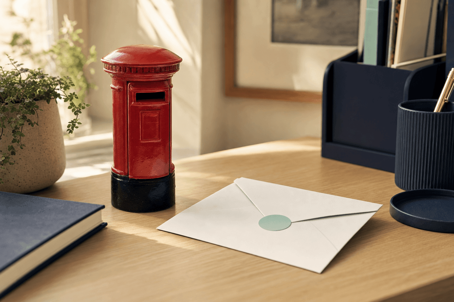 UK passport and tax forms on a desk, soft daylight, no people, no readable text