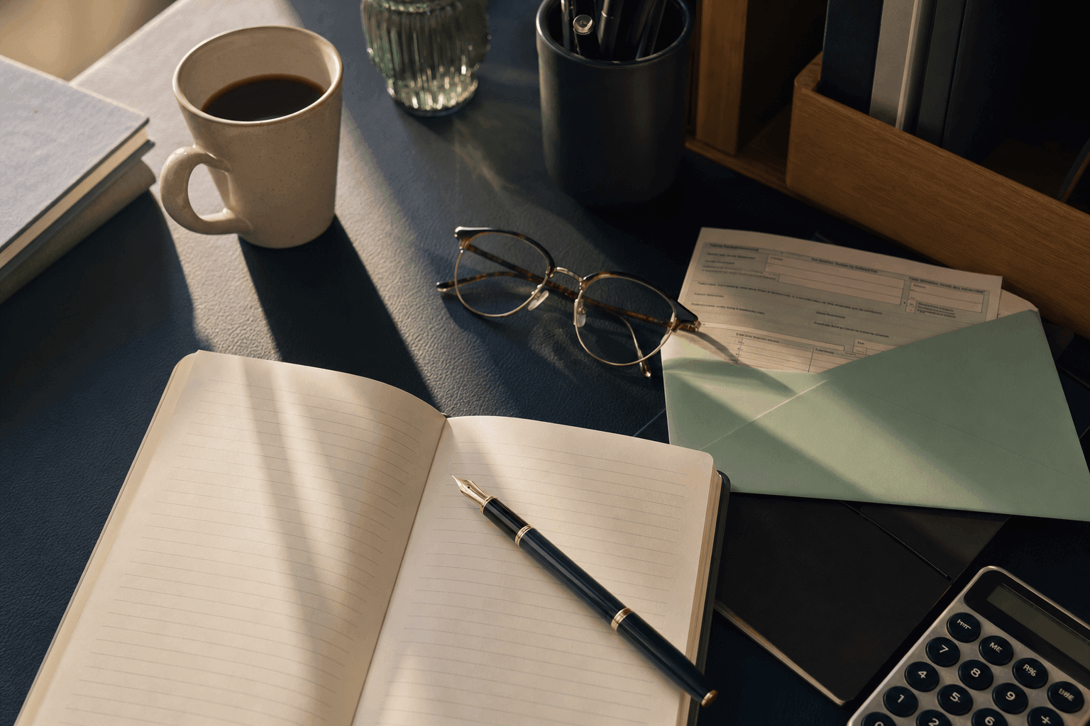 Calm UK office desk with notebook and reading glasses, soft daylight, no people, no readable text