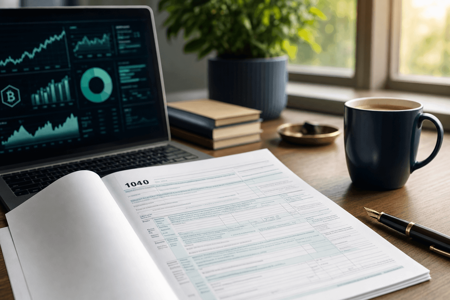 US Form 1040 next to a laptop showing crypto charts on a wooden desk, soft afternoon light