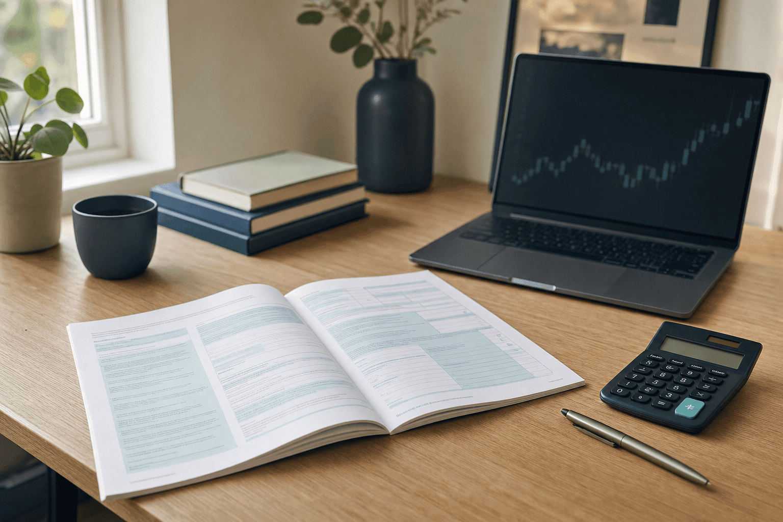 UK Self Assessment tax form on an oak desk with a laptop showing crypto chart silhouettes, soft morning light