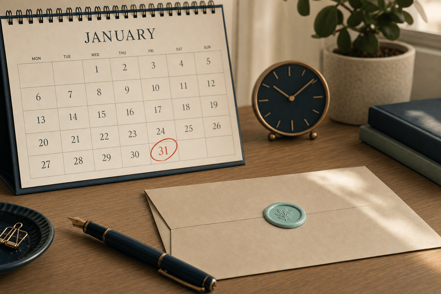 British wall calendar marked 31 January with a quiet desk, brass key and abstract token motif, soft daylight, no people, no readable text