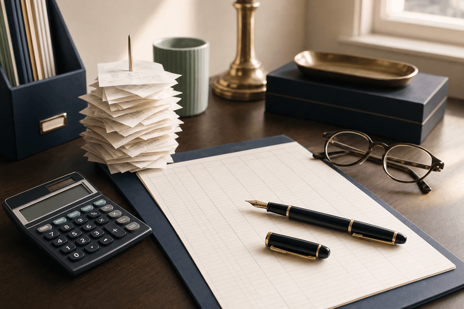 British pounds, a calculator and a Self Assessment file folder on a dark wooden desk, soft window light, no people, no readable text