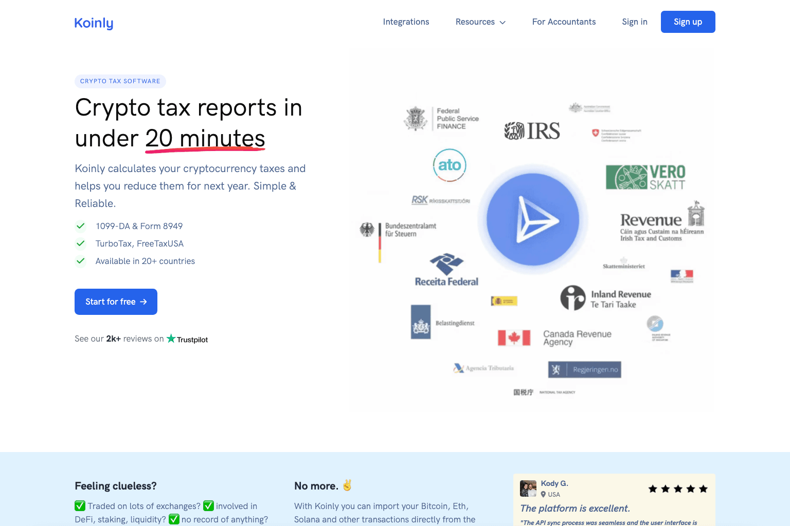 Koinly's homepage showing the 'Crypto tax reports in under 20 minutes' headline alongside logos for HMRC, IRS and other tax authorities Koinly supports