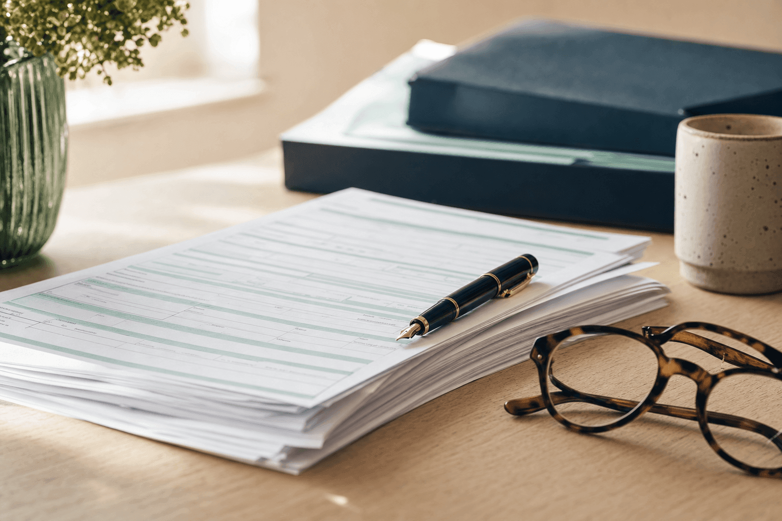 UK Self Assessment paper forms SA100 and SA108 fanned on a desk, soft daylight, no people, no readable text