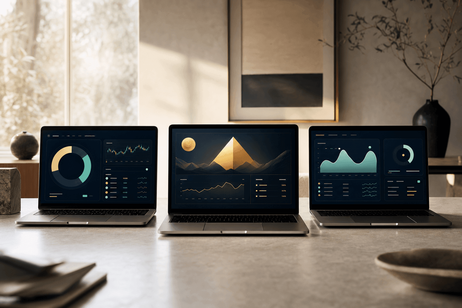 Three laptops side by side showing crypto tax dashboards, soft daylight, no people, no readable text