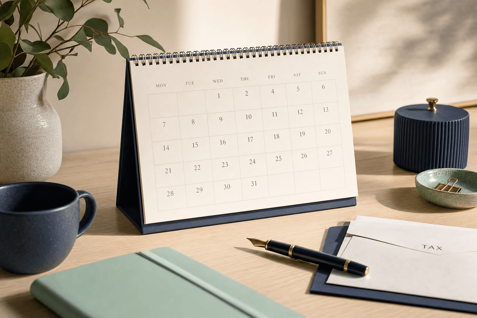 Wall calendar showing 31 January date next to a laptop and a tax folder, soft window light, no people, no readable text